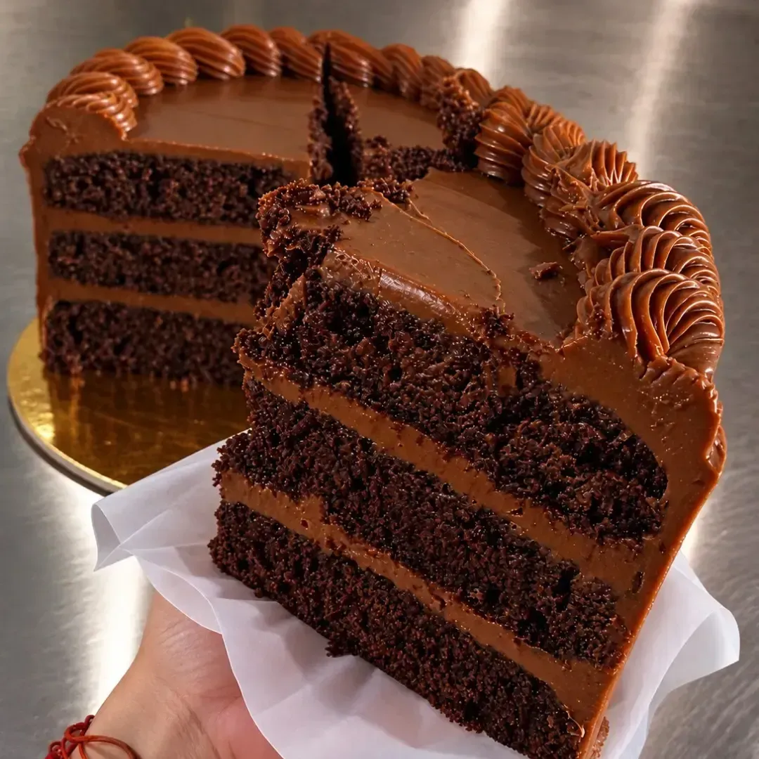 Porción de tarta de chocolate en capas con cobertura de chocolate sobre una base dorada, sostenida con la mano