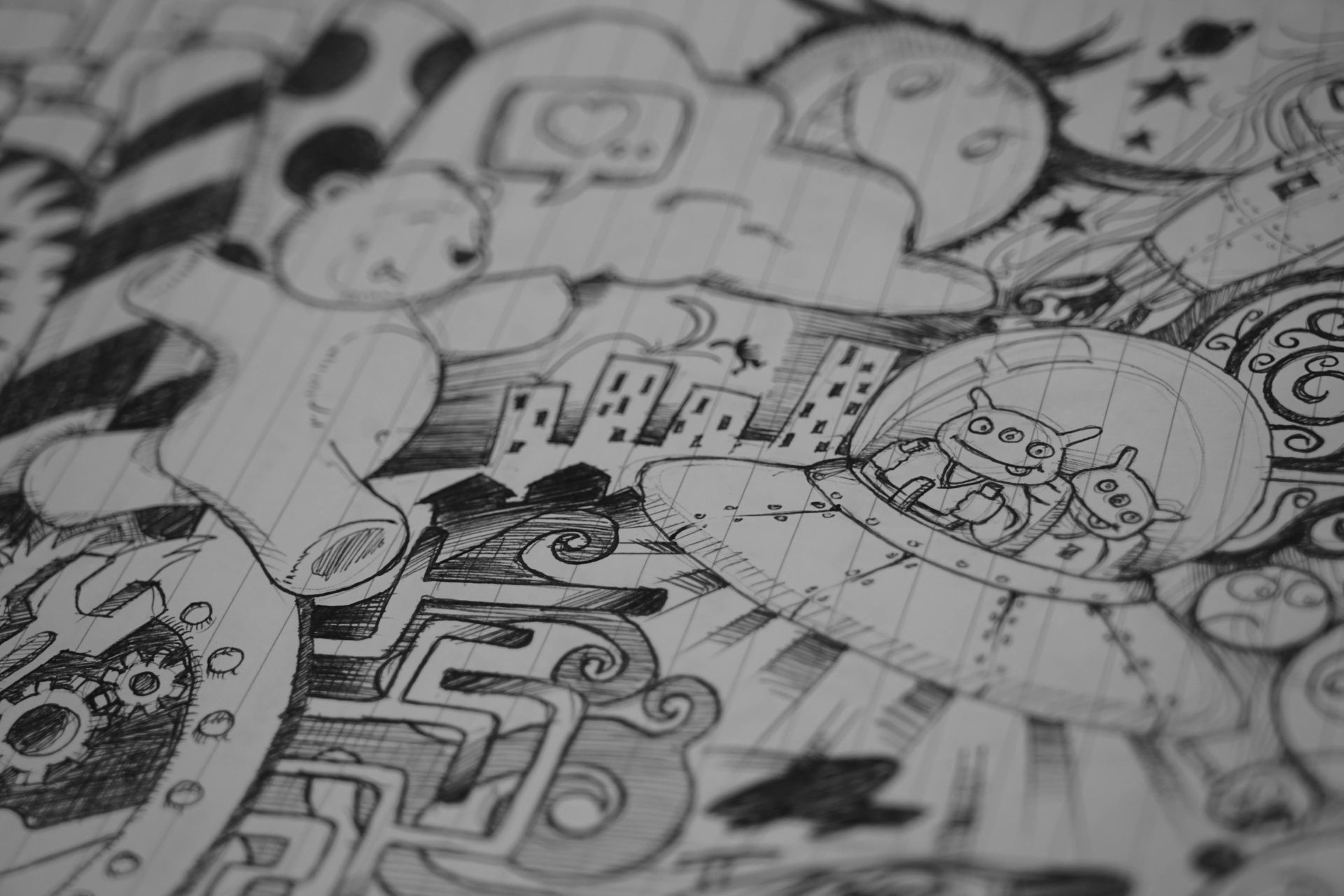 A black and white drawing on a piece of paper