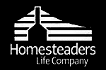 White logo of the Homesteaders Life Company, featuring a stylized house icon above the text on a black background.