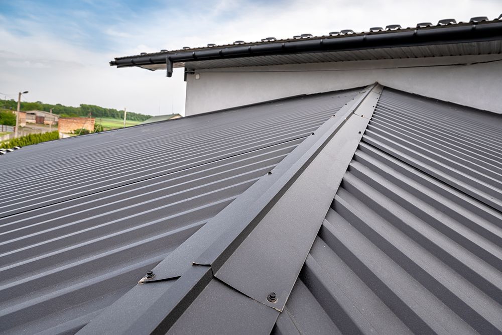 Black rain gutter attached to a roof with shingles and beige siding.
