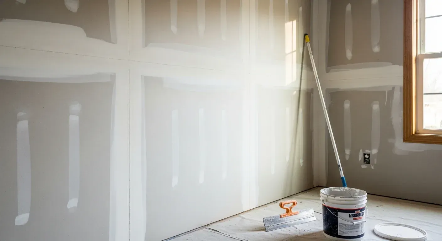 Partially drywall-finished room with taped joints, paint supplies, and a window on the right.