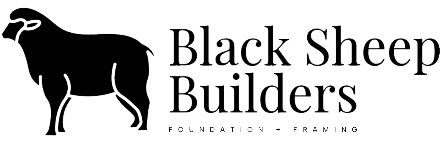 Black sheep silhouette next to text "Black Sheep Builders", with small text "Foundation - Framing".