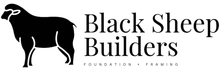 Black sheep silhouette next to text "Black Sheep Builders", with small text "Foundation - Framing".