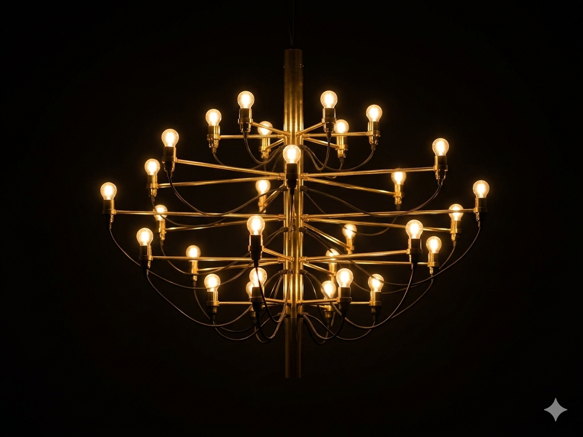 Un moderno lampadario dorato a più livelli con numerose lampadine luminose su uno sfondo scuro.