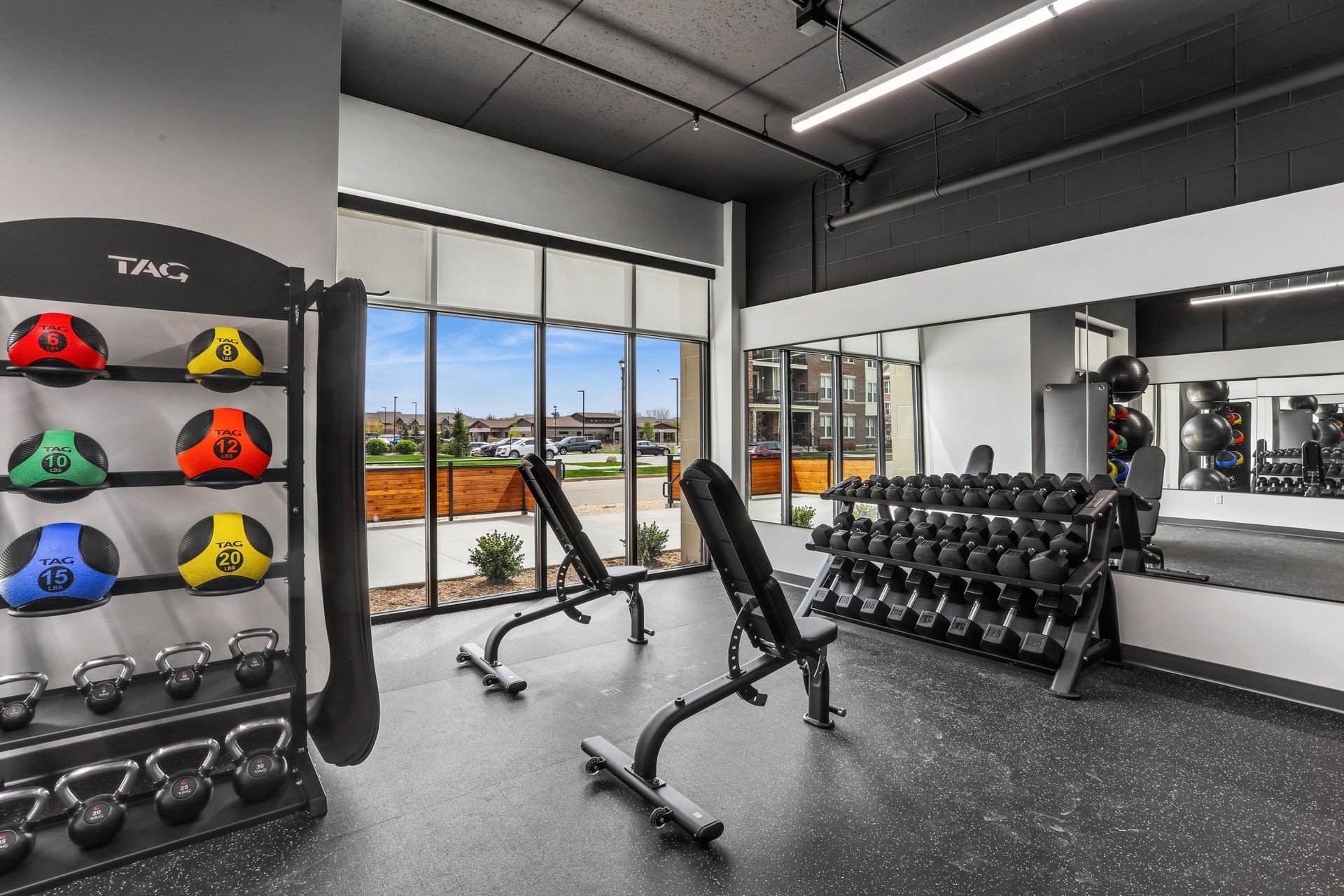 Modern gym with dumbbells, benches, medicine balls, and large windows overlooking a city.