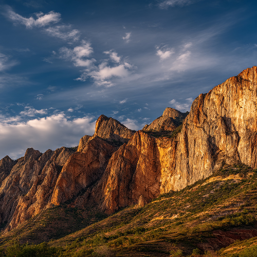 Mountains bathed in golden sunlight against a partly cloudy blue sky.