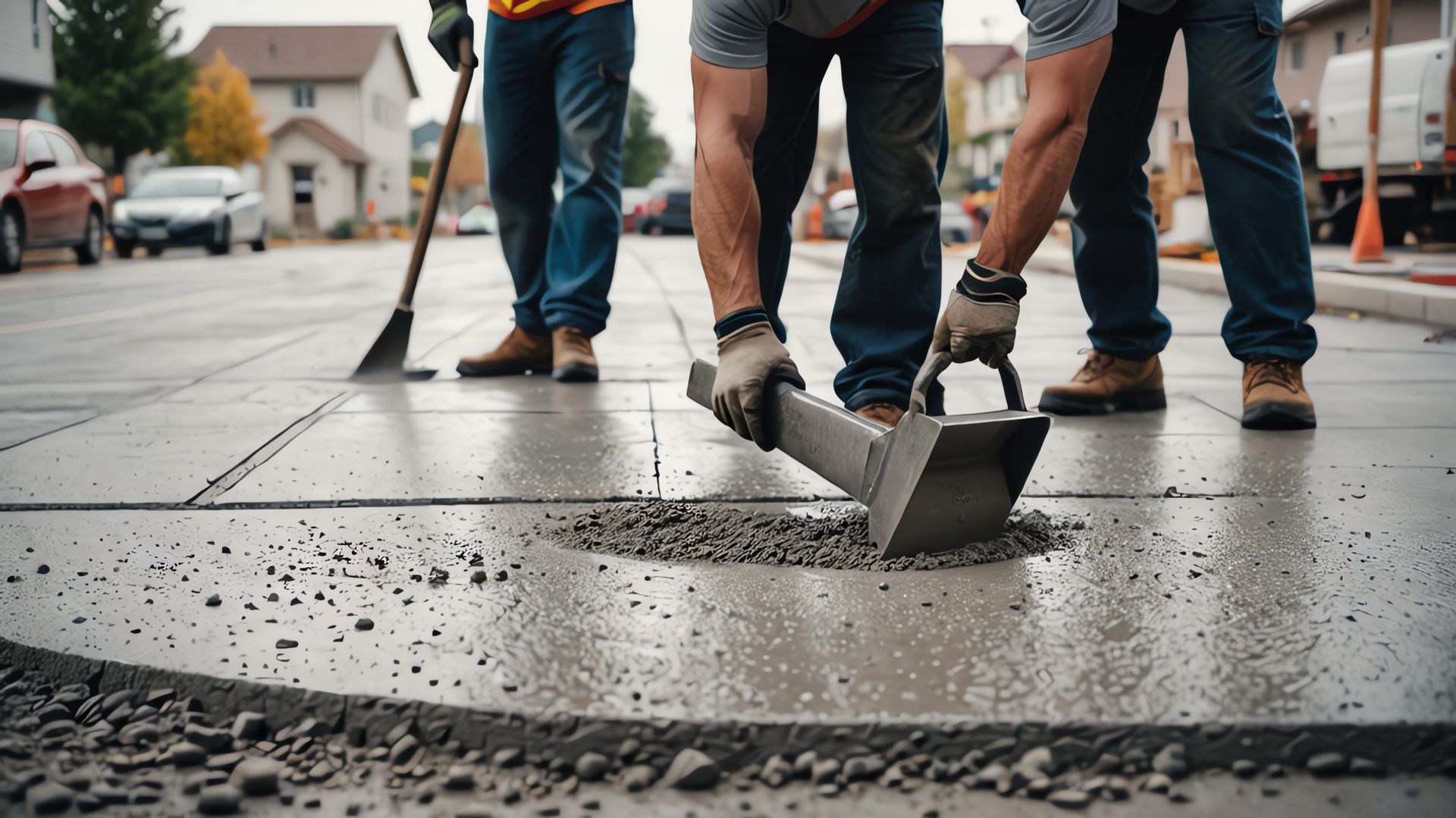 Construction workers smoothing wet cement on a city street, with tools and a house in the background.