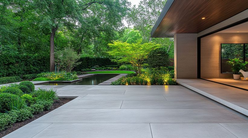 Patio overlooking a lush garden with a pond, trees, and contemporary home.