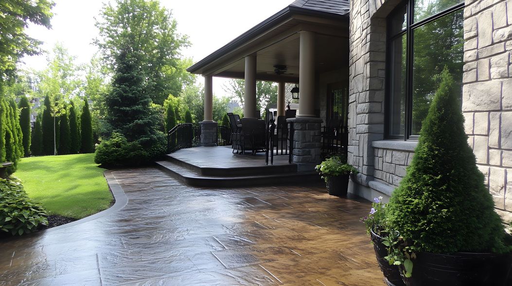 Prescott valley stamped & decorative concrete project. Outdoor patio with stone facade, lawn, trees. Steps lead to a covered porch with seating.