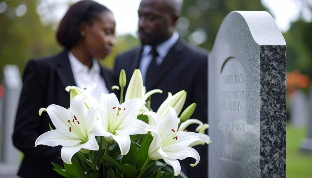 White lilies beside a gravestone, with two blurred mourners in black in the background