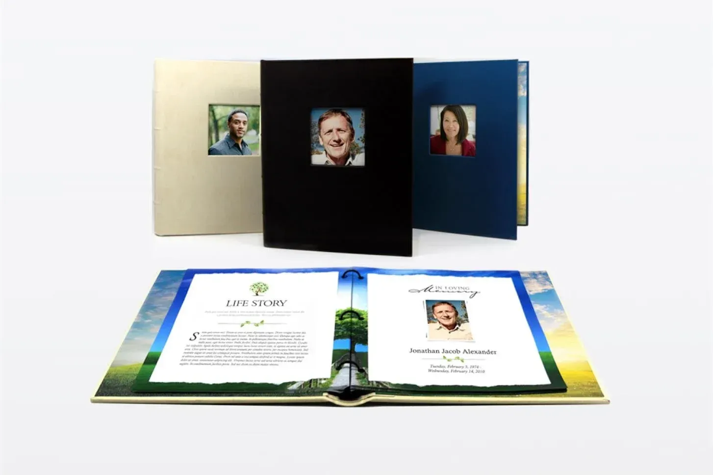 Three personalized photo books displayed open and closed on a white background