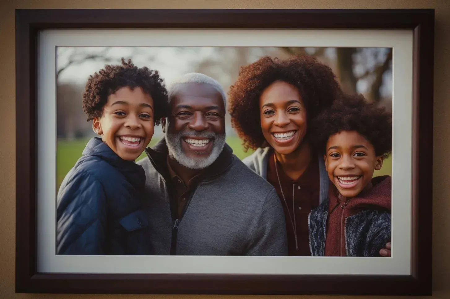 Framed family portrait of four smiling people indoors, with warm lighting and blurred trees in the background
