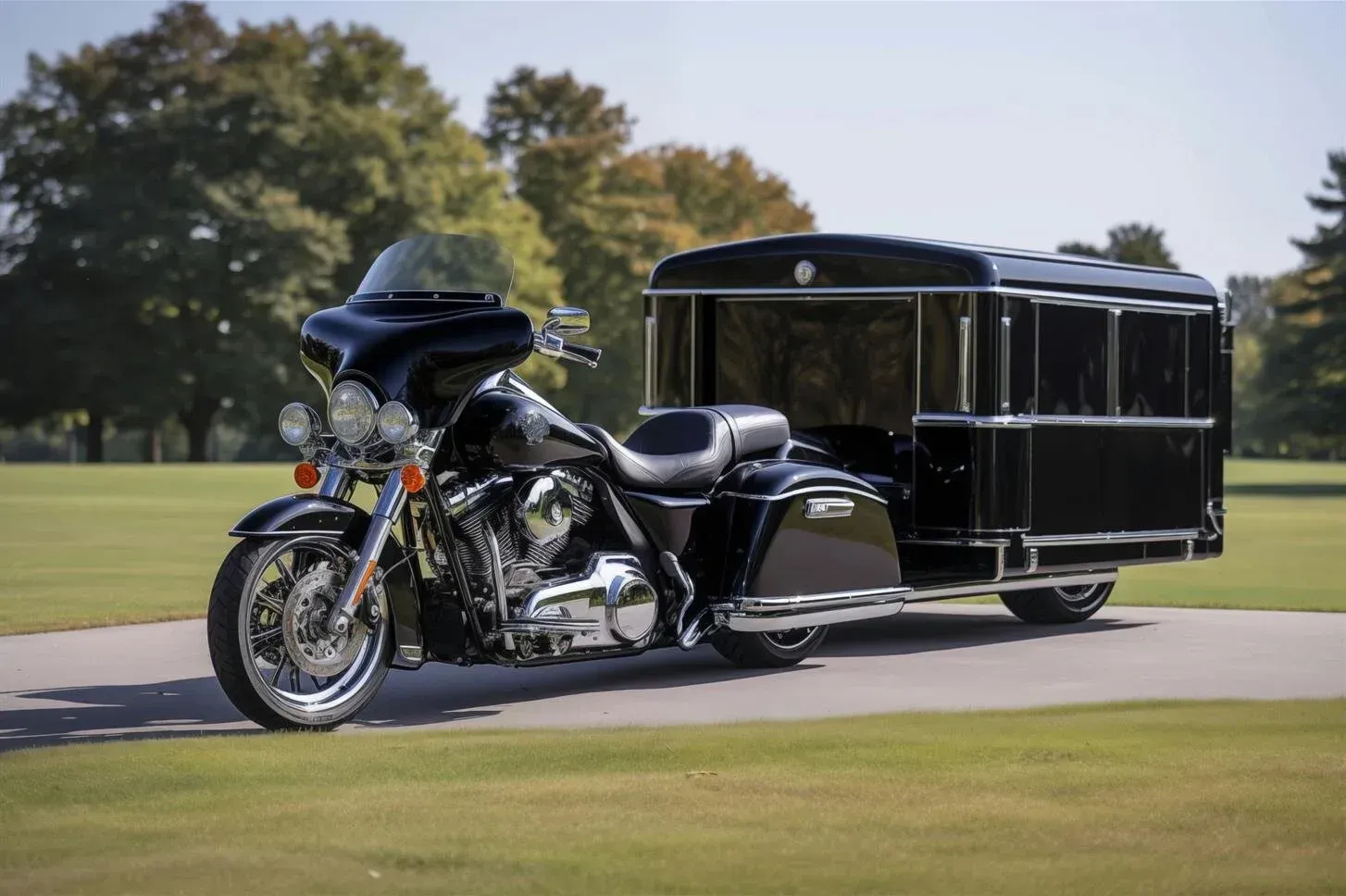 Black motorcycle with a matching black trailer parked on a paved road beside a grassy field.