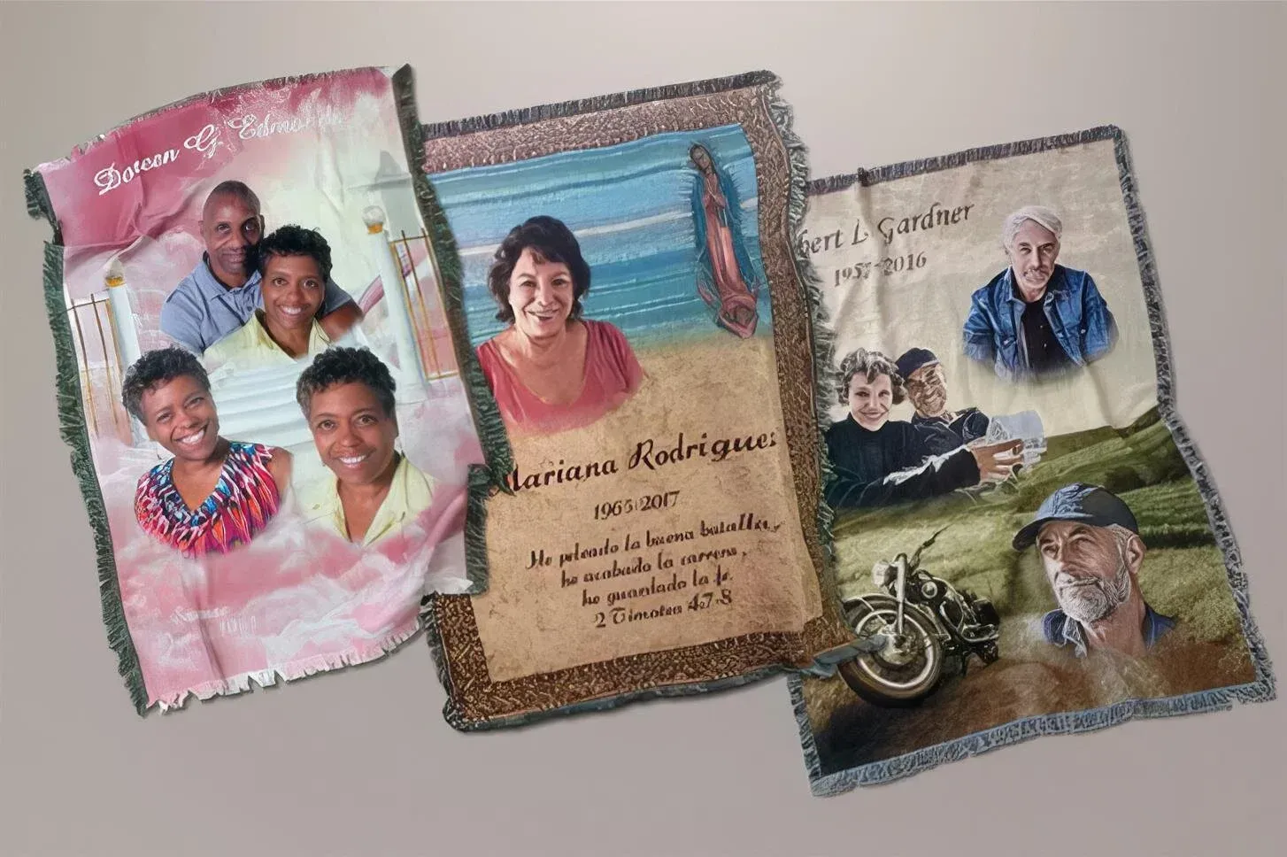Three memorial photo cards with rustic borders arranged on a light background