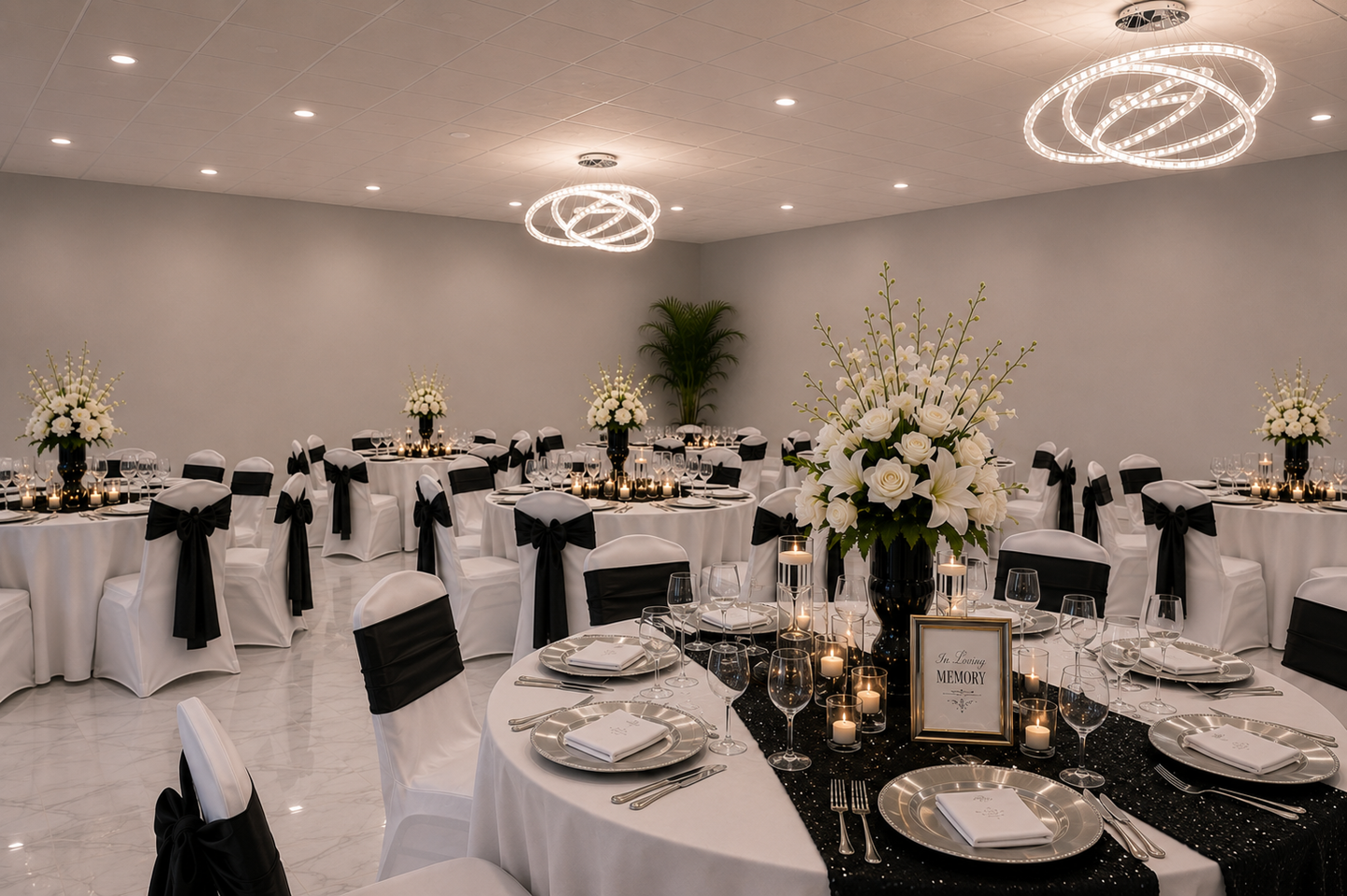 Elegant black-and-white banquet room with round tables, floral centerpieces, and modern ceiling lights