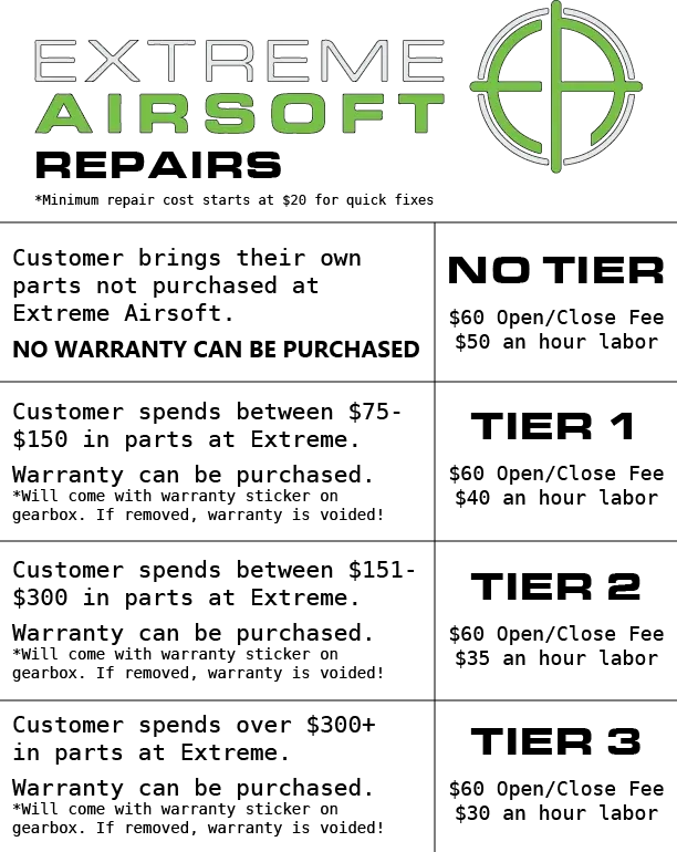 Repair service tiers for Extreme Airsoft, based on parts purchased. Pricing and warranty details are listed.