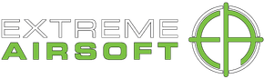 Logo for Extreme Airsoft: white outlined text "EXTREME" above green "AIRSOFT."  A green crosshair target is to the right.