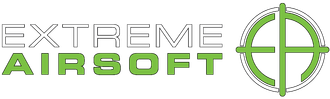 Logo for Extreme Airsoft: white outlined text "EXTREME" above green "AIRSOFT."  A green crosshair target is to the right.