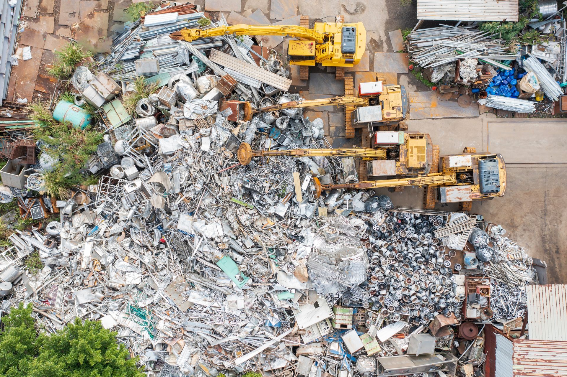 Aerial view of recycling facility and scrap metal depot.