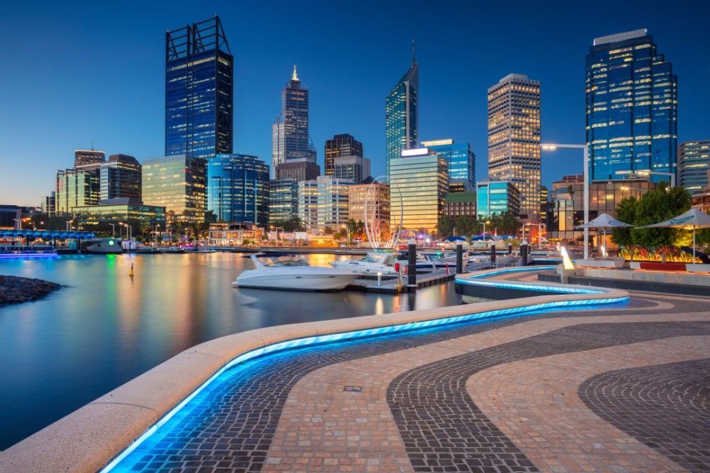Perth Cityscape at Dusk, With Illuminated Waterfront — Hannant Plant Hire in Perth, WA