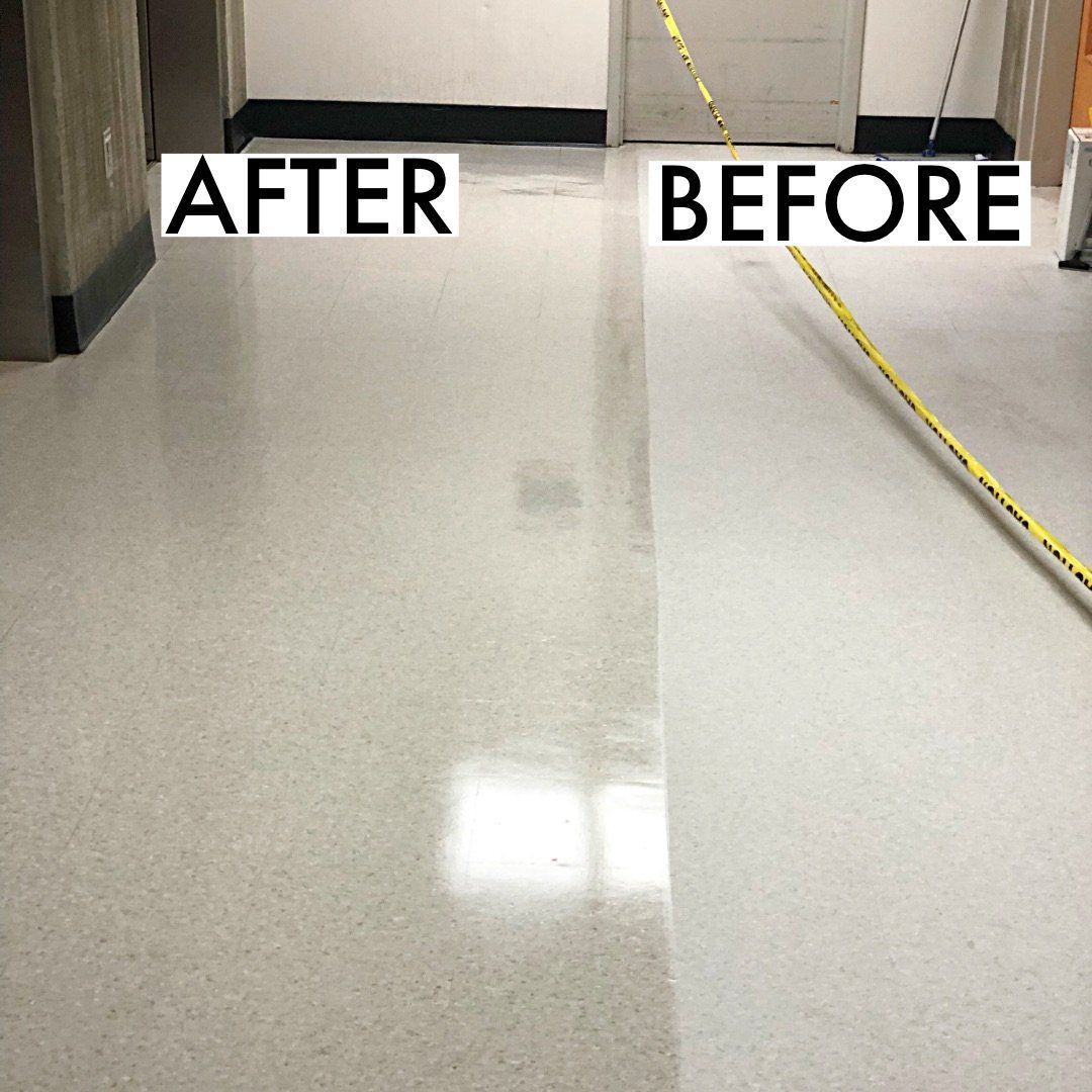 Floor refinishing: Half the floor is polished, the other half dull. 