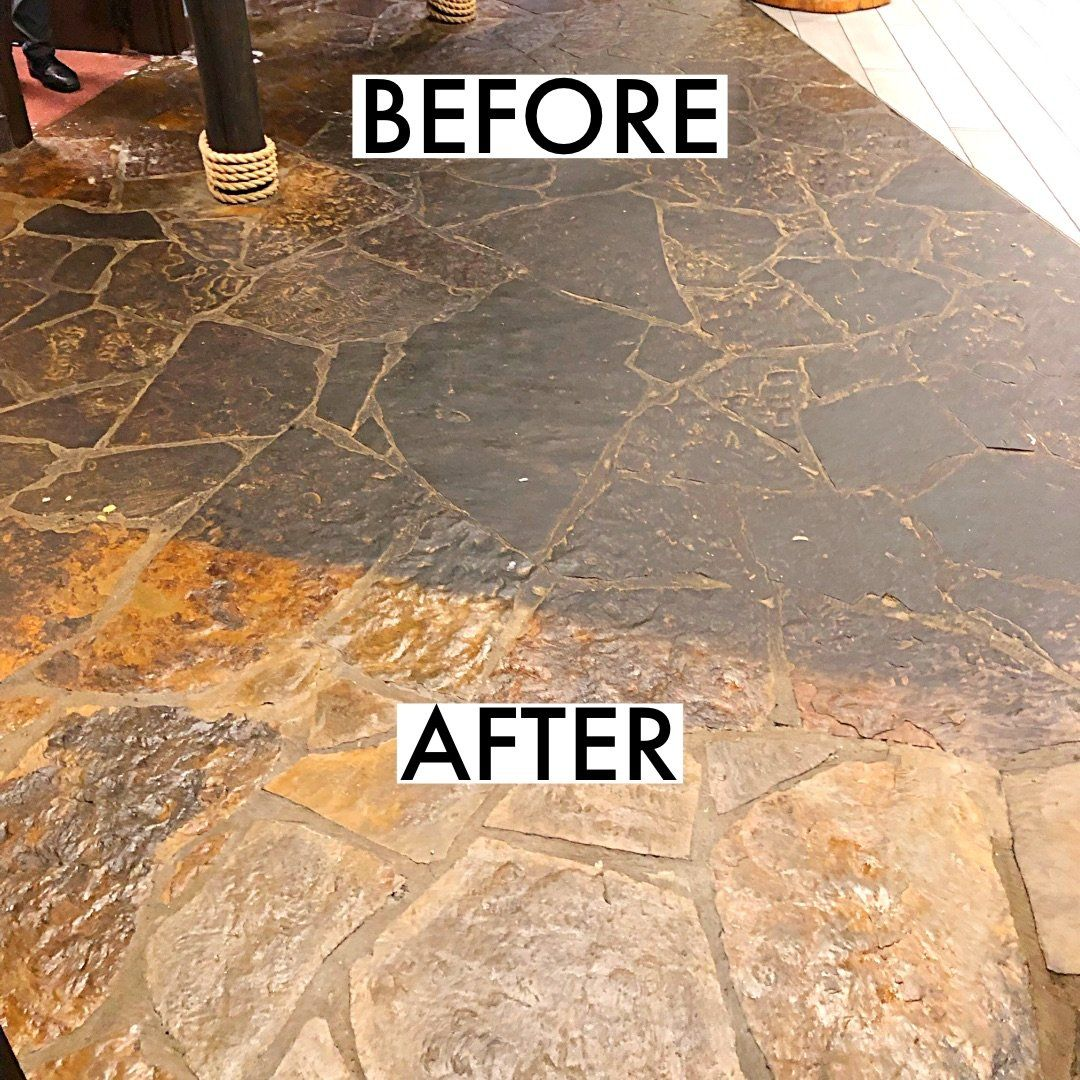 Comparison of a stone floor before and after cleaning: dark, dirty section cleaned to lighter, brighter color.