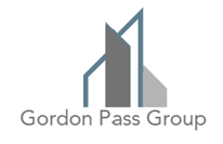 Gordon Pass Group logo: Abstract building outline in gray and blue, with text below.