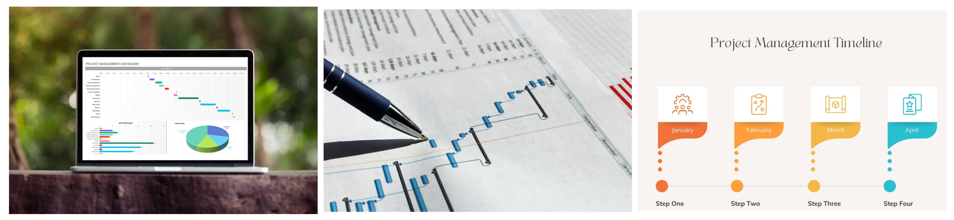 Screenshots of data analysis charts on a laptop, paper, and a presentation.