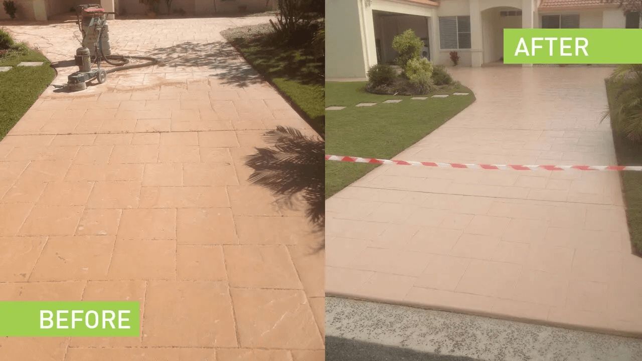 A Before and After Photo of a Concrete Driveway — The Tile & Stone Specialists in Peregian Beach, QLD