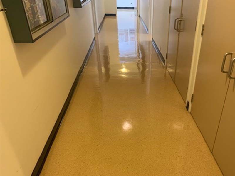 A Long Hallway With Doors and a Bulletin Board on the Wall — The Tile & Stone Specialists in Peregian Beach, QLD