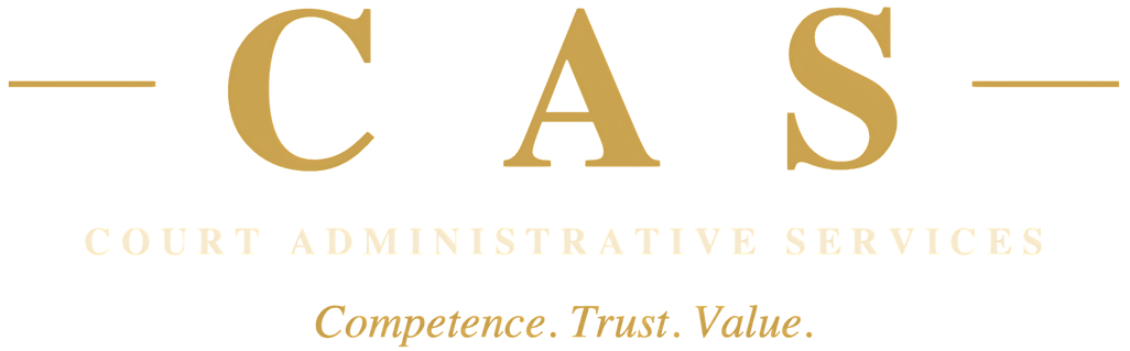 CAS Court Administrative Services logo in gold with the tagline “Competence. Trust. Value.”