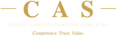 CAS Court Administrative Services logo in gold with the tagline “Competence. Trust. Value.”