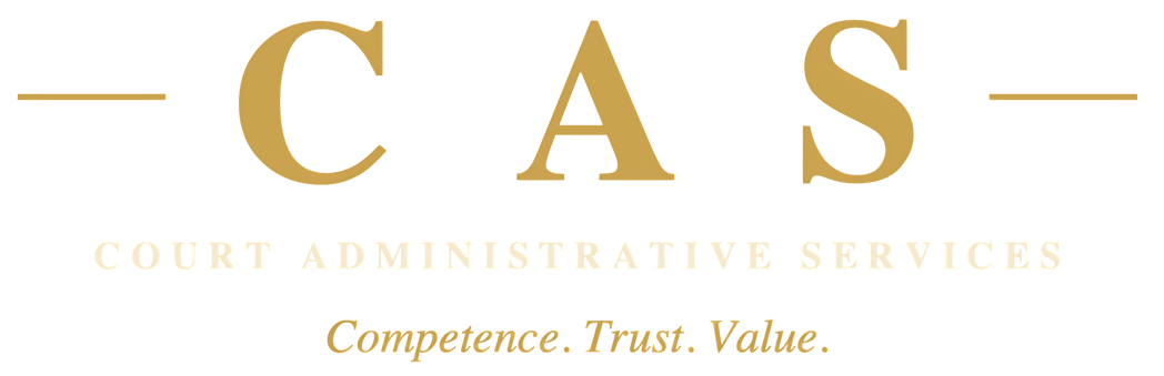 Gold CAS logo with Court Administrative Services tagline and motto &ldquo;Competence. Trust. Value.&rdquo;
