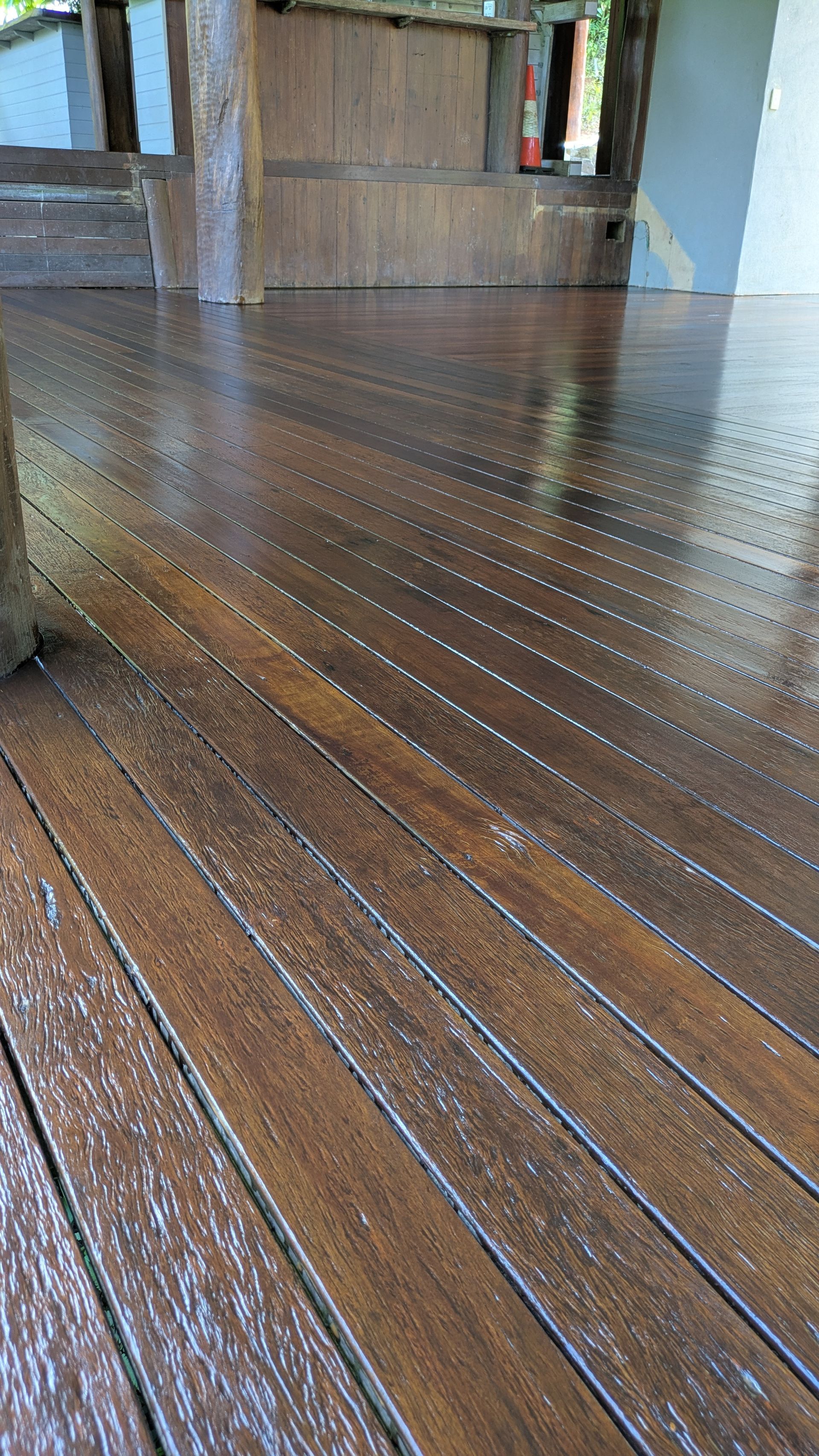 Dark wood floor, reflective, with diagonal planks.  Wooden structure visible in the background.