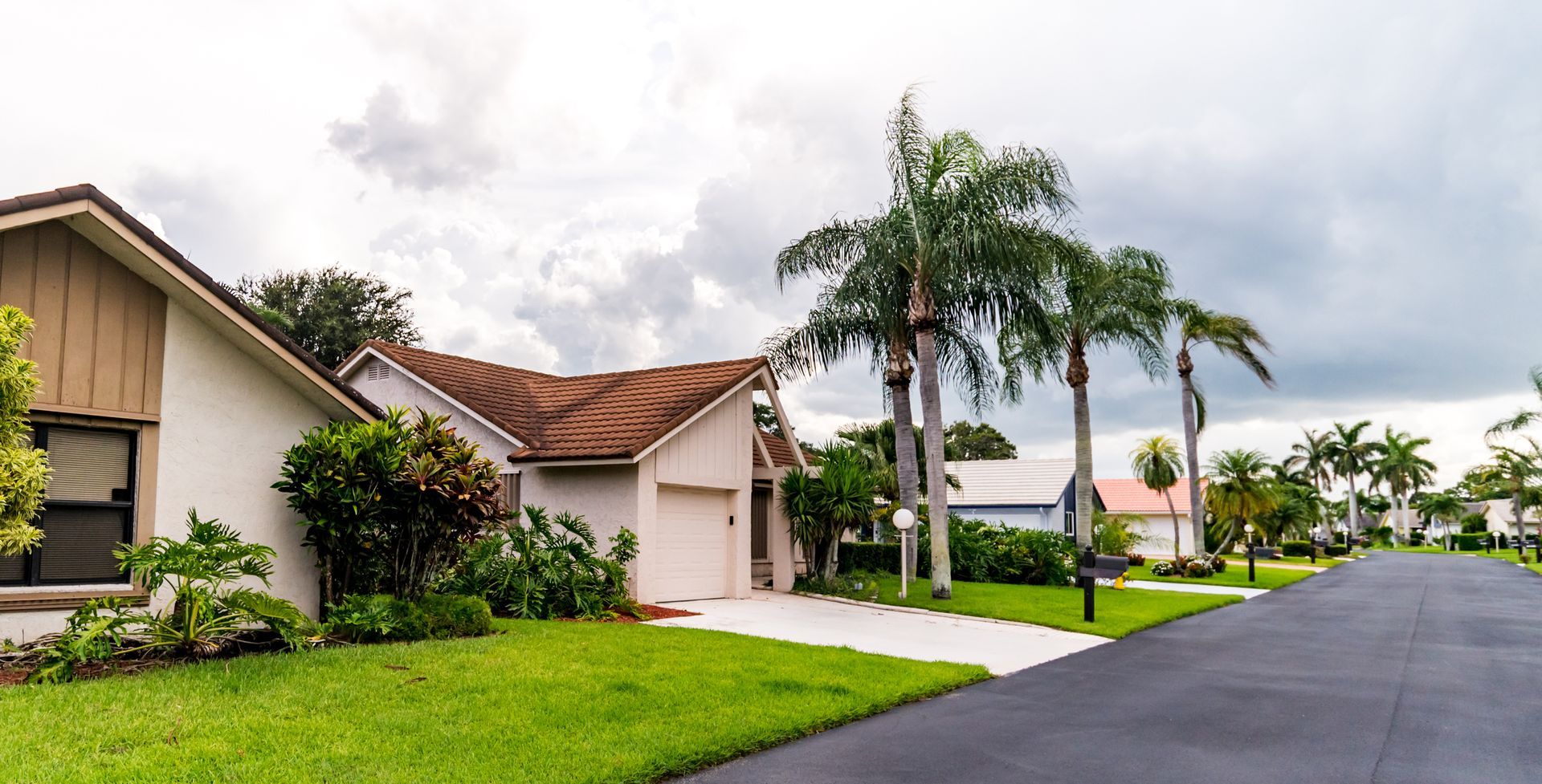 A row of houses in a residential area with palm trees on the side of the road.
