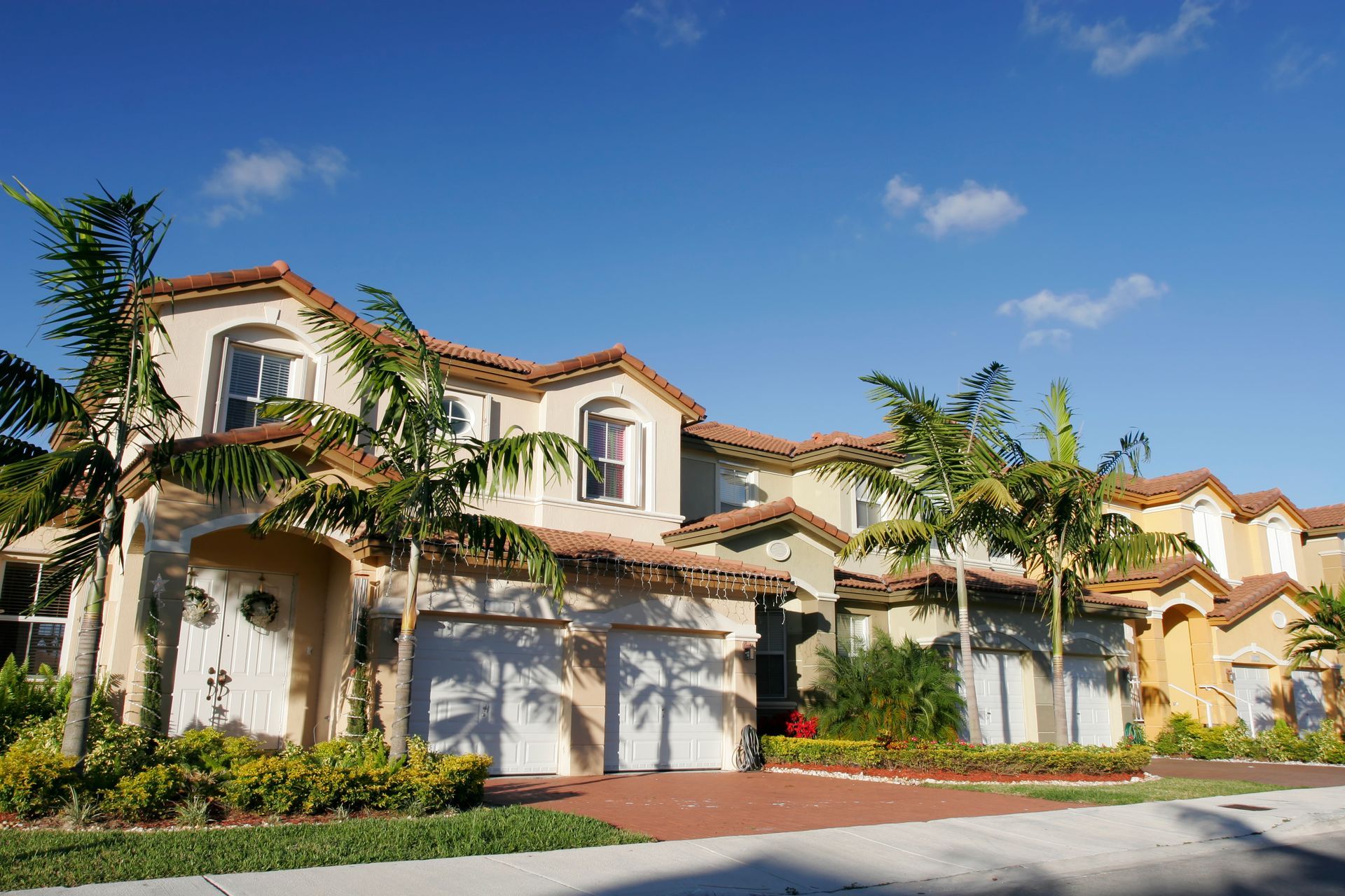 A row of houses with palm trees in front of them