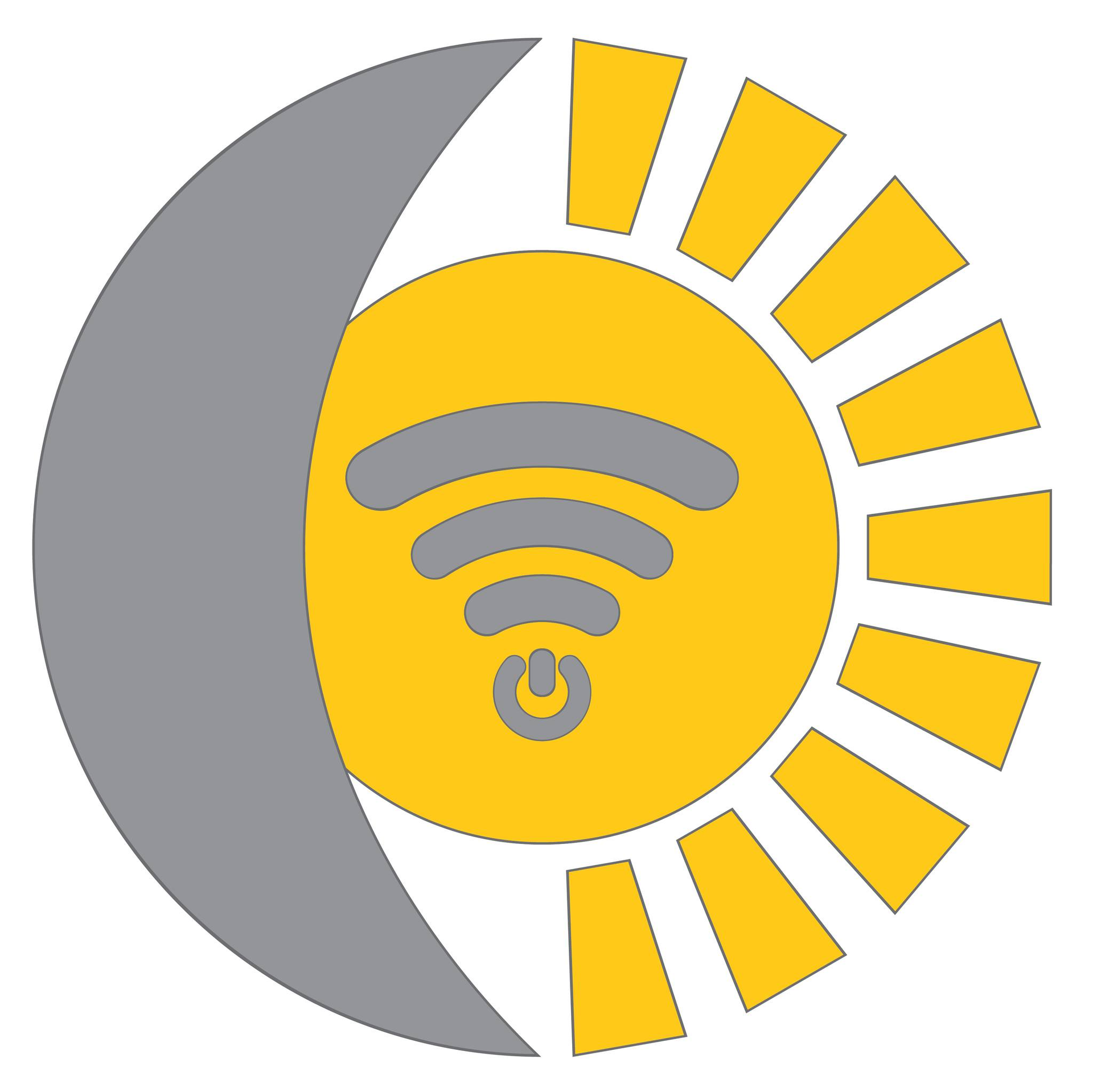 A grey crescent moon and a yellow sun with rays combine to form a circle, with a grey Wi-Fi symbol and power icon in center — GV Blinds in Shepparton, VIC