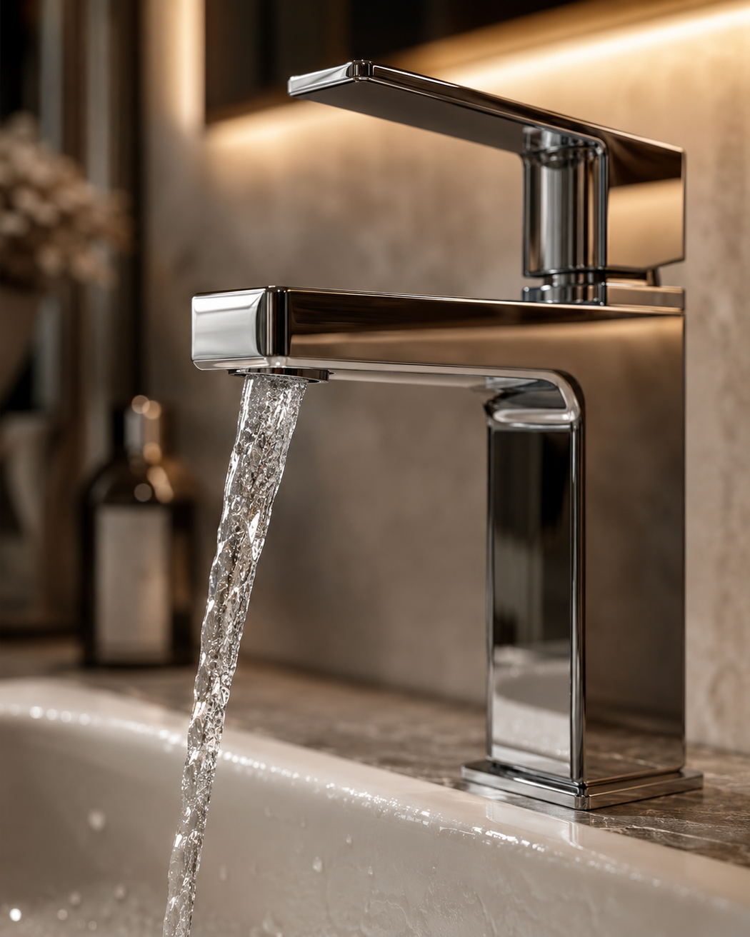 Rubinetto da bagno moderno cromato con acqua che scorre nel lavandino