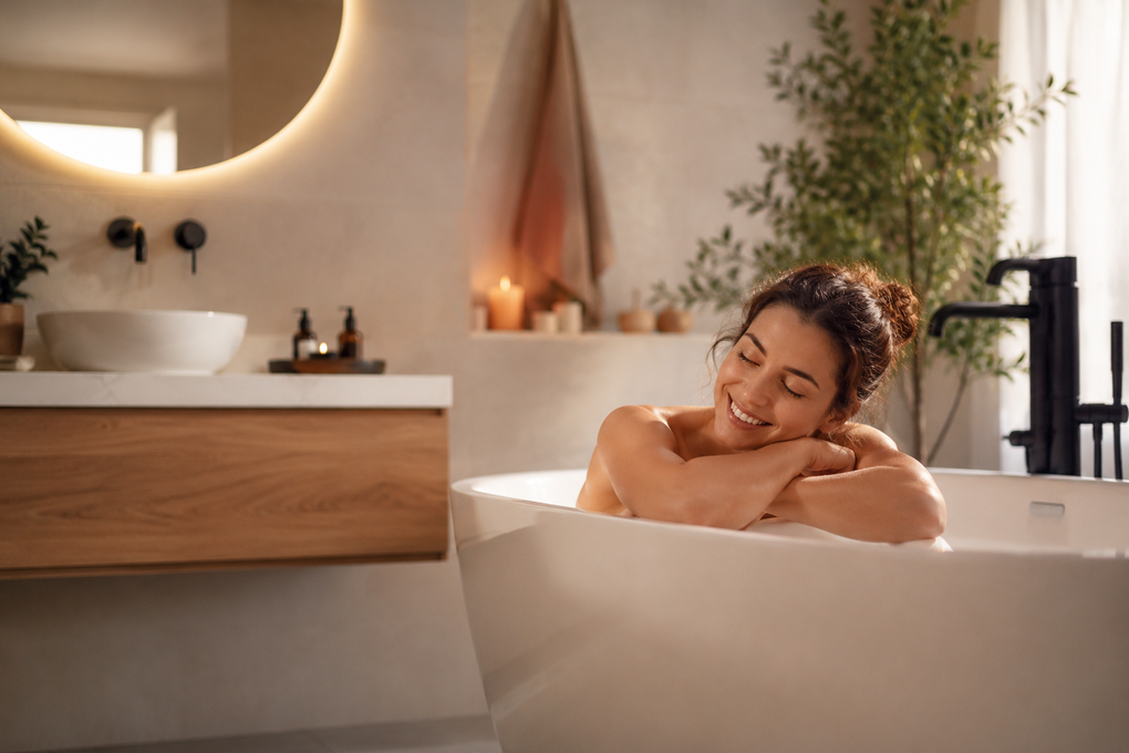 Donna che si rilassa in una vasca da bagno in un bagno moderno con luci calde