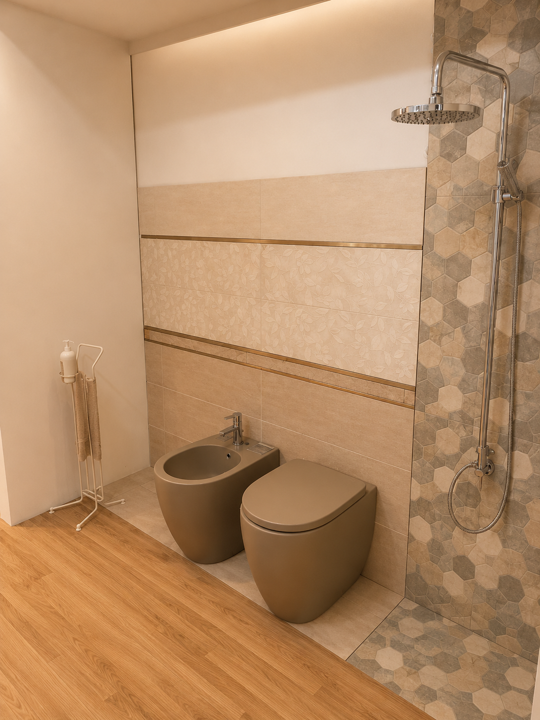 Bagno moderno con cabina doccia, due WC e pavimento in legno chiaro.