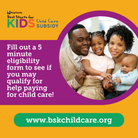 Family smiles, promoting King County child care subsidy. Text: