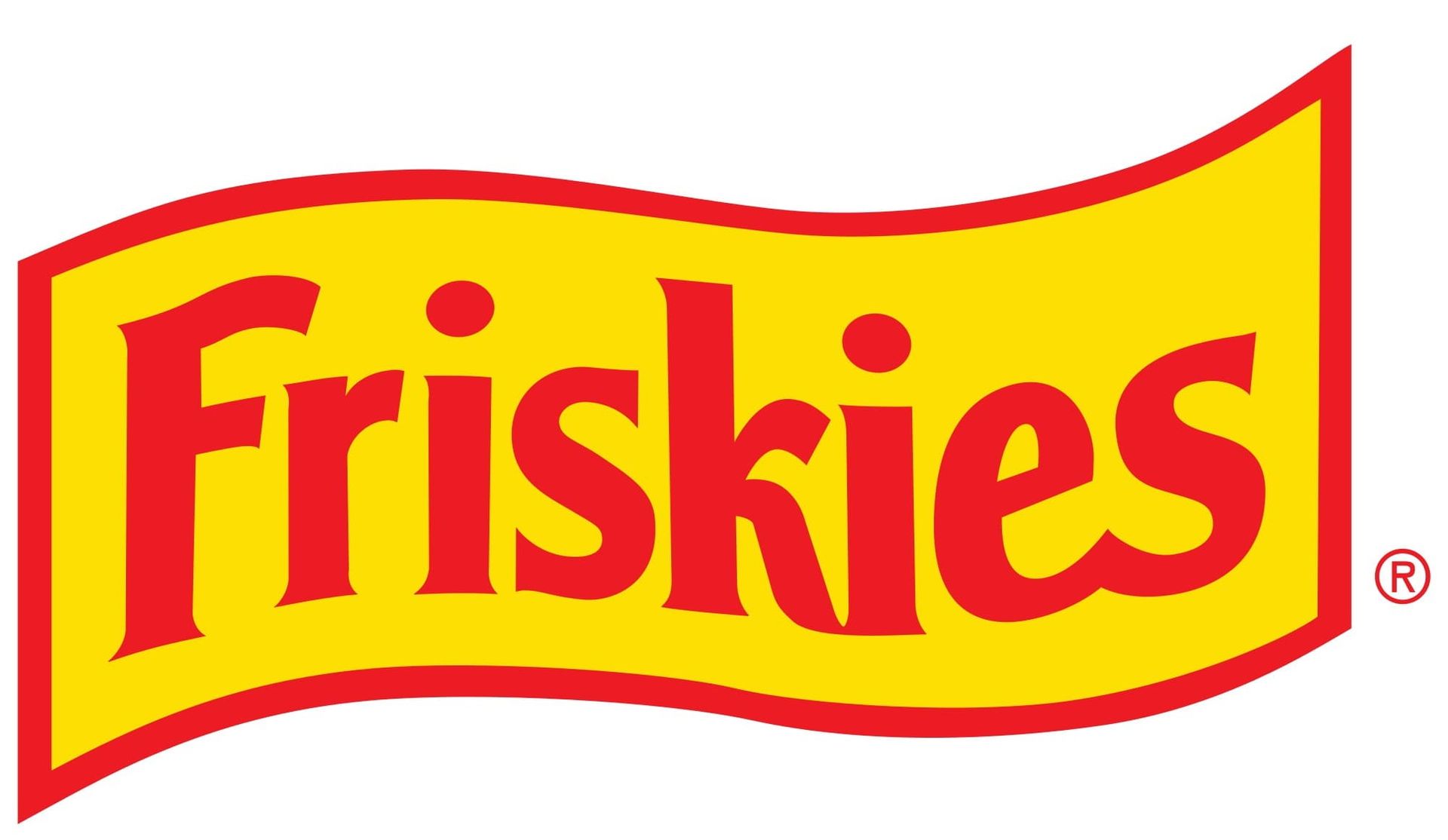 Friskies logo in red text on a yellow wavy banner with red outline