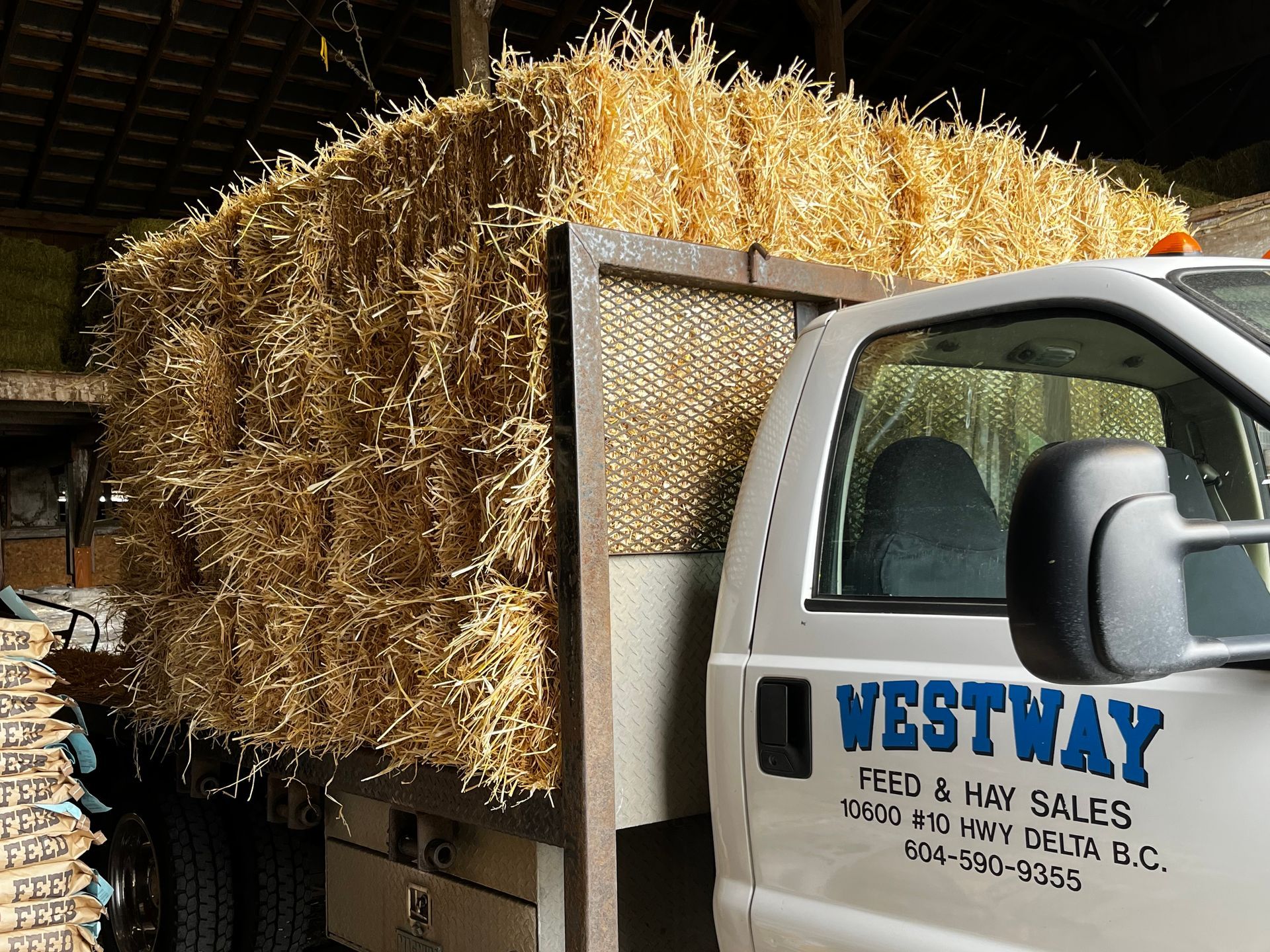 Truck loaded with a large rectangular bale of hay in a barn-like setting