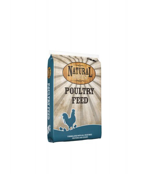 Bag of Natural Poultry Feed with blue chicken silhouette on white background
