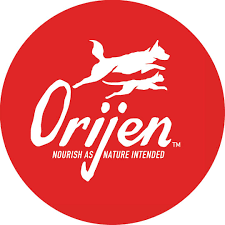 Orijen pet food logo on red circle with white running dog silhouette and brand name