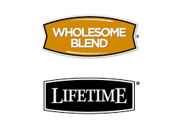 Wholesome Blend and Lifetime dog food brand logos, orange and black badges on white background