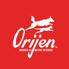 Orijen pet food logo in white on a red background with a leaping dog silhouette