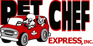 Pet Chef Express logo with a red delivery van carrying cartoon pets and a chef skull mascot