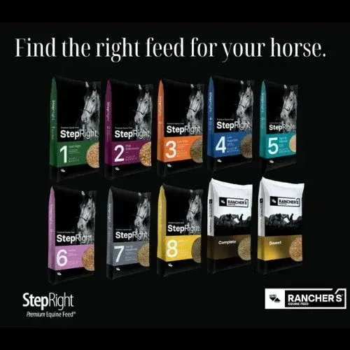 Horse feed ad showing eight StepRight feed bags, with the slogan “Find the right feed for your horse.”