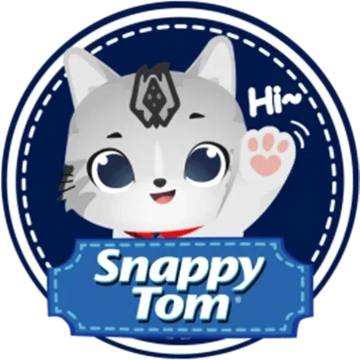 Cute gray cartoon wolf mascot waving in a navy badge, with “Snappy Tom” logo and “Hi~” text.